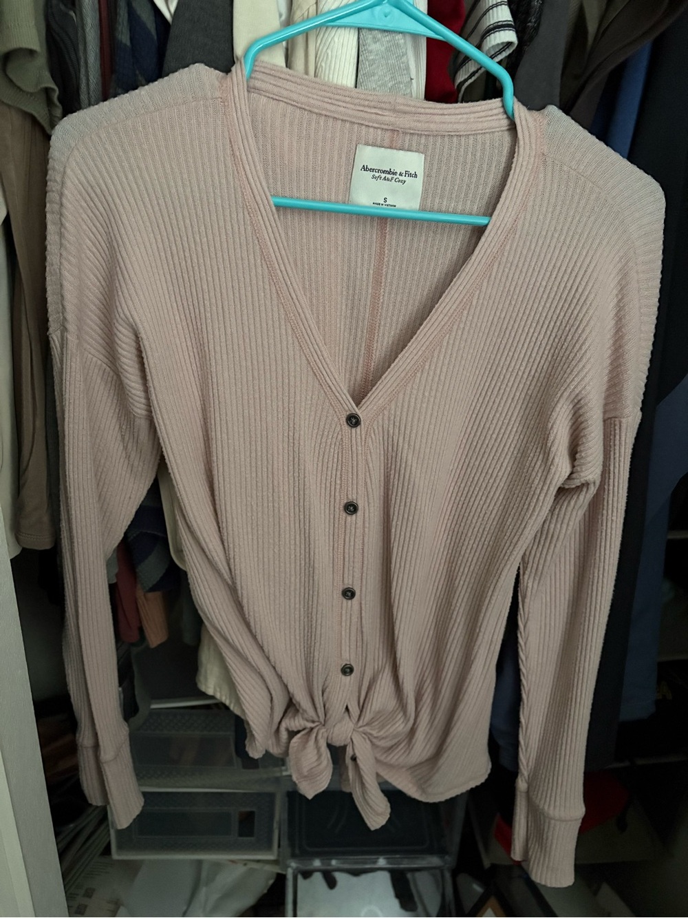Abercrombie & Fitch Blush Rib-Knit Button Front Cardigan with Tie